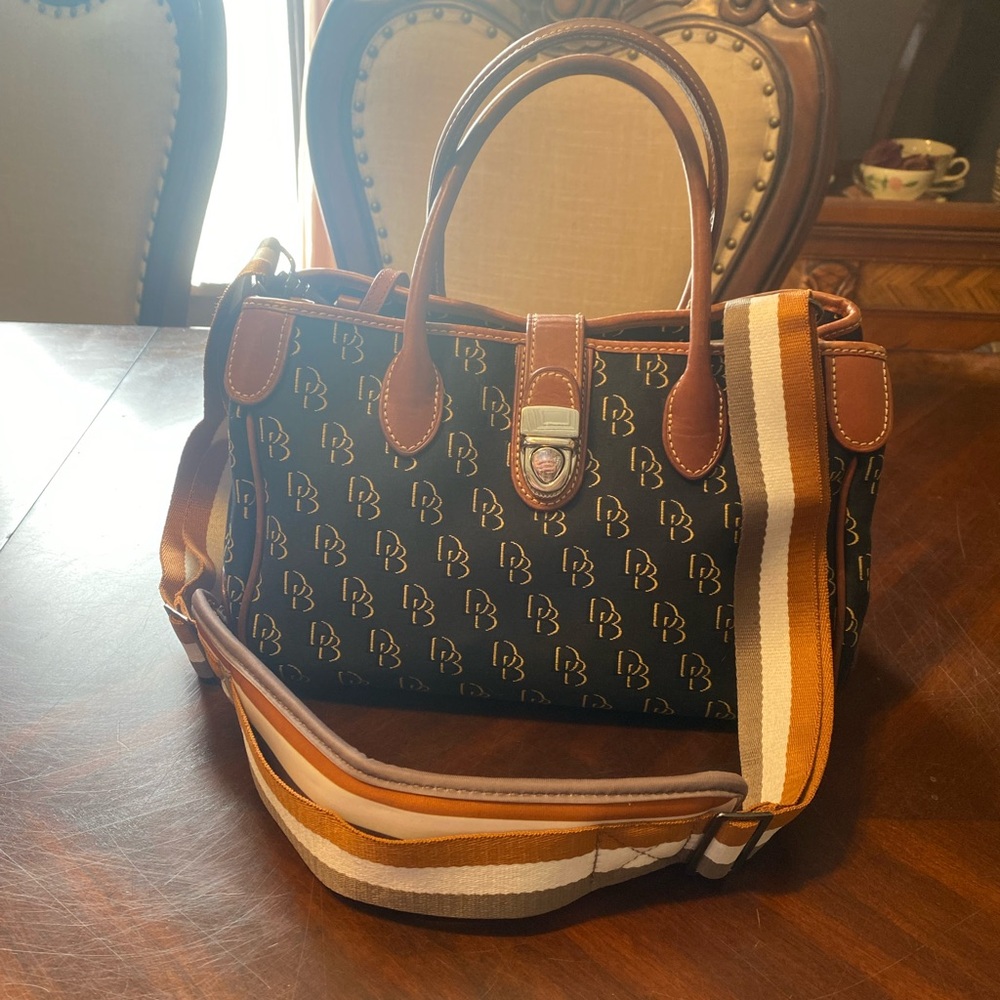 Dooney & Bourke Brown & Tan Signature Satchel with Striped Shoulder Strap